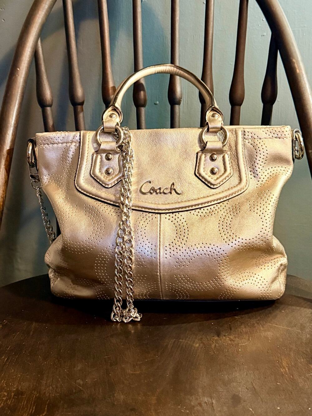 Vintage Coach Metallic Champagne Gold Perforated Signature C Leather Satchel